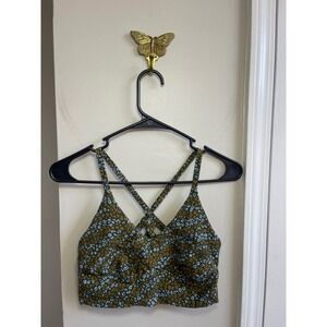Aerie Sports Bra Women's M Green Blue Leopard Print Longline Cross Back